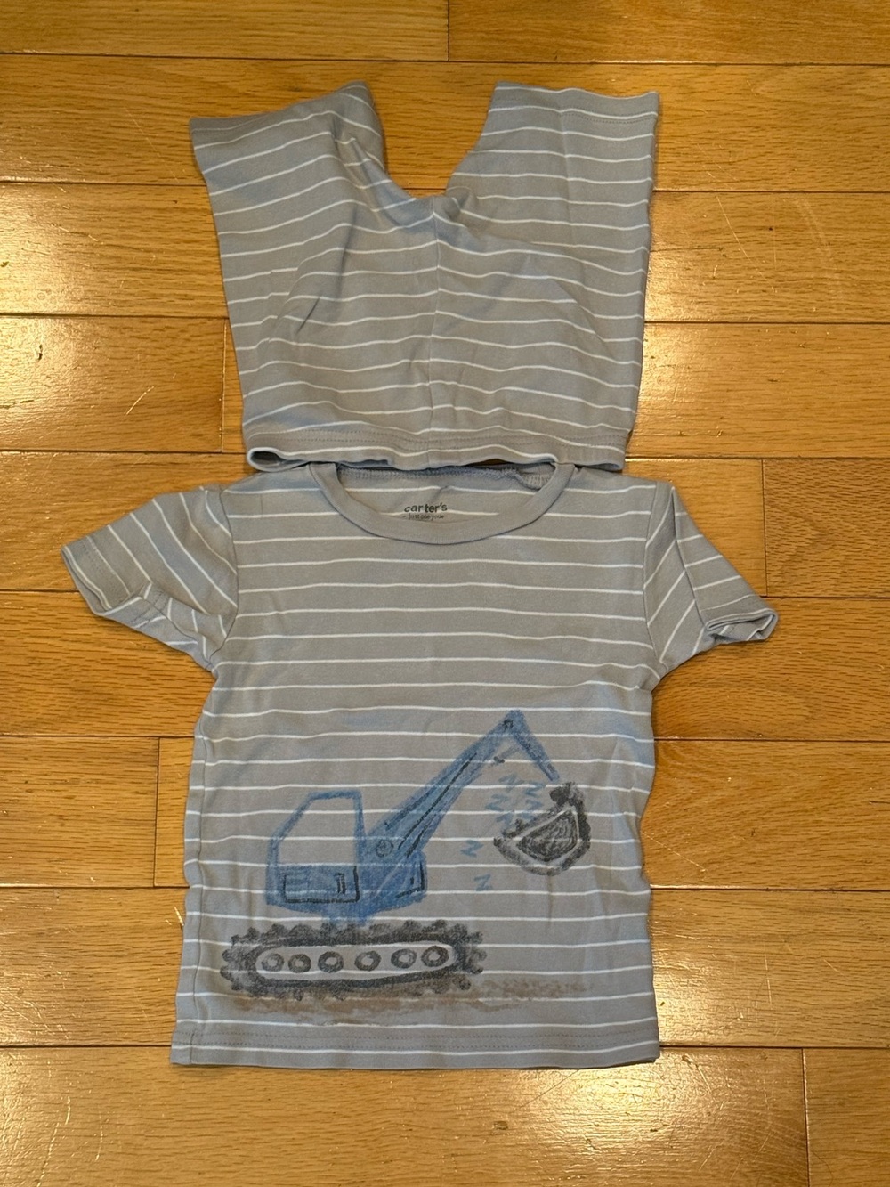 Carter's Light Blue & White Striped Hooded Tee with Excavator Print